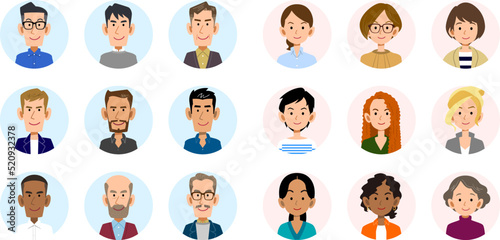 様々な年代と人種の男女のアイコンセット

