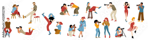 Models posing to professional photographers with camera. Young men and women work at studio photo session for magazine, advertising or fashion presentation, Line art flat vector illustration, set