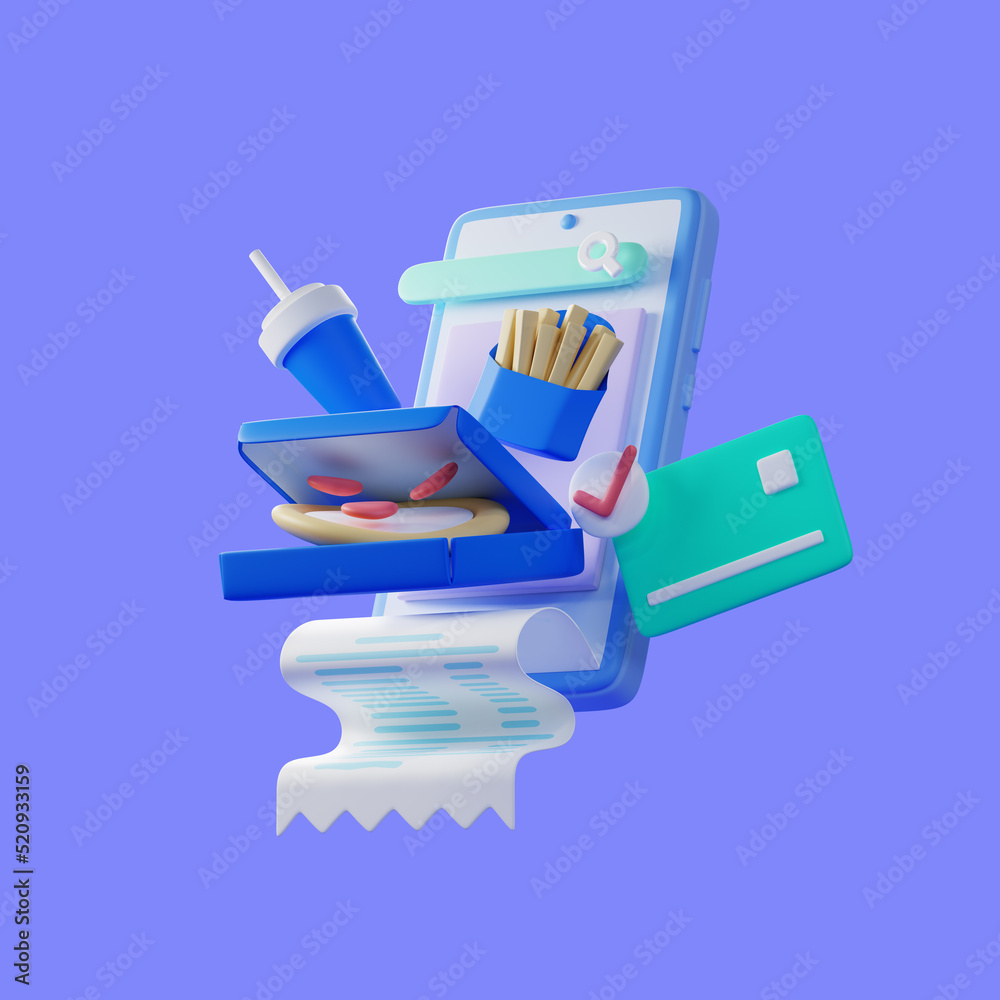 3d ilustration of smartphone shopping, mobile online shopping and delivery of food, fast food. 3d ilustration of smartphone shopping, mobile online shopping and delivery of food, fast food.