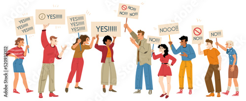 Opposite teams of activists with yes or no banners and signs stand face to face on strike or demonstration arguing, disputing and protesting against each other, Line art flat vector illustration