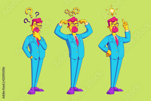Person has question, thinks and finds solution. Concept of creative idea, decision of business problem. Vector illustration of man with questions marks, gears and light bulb