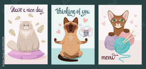 A set of postcards with funny cats. Cartoon design.
