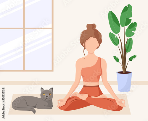 A woman in the lotus position with a cat. Yoga classes at home. Cartoon design.