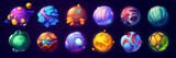 Alien planets colorful cartoon set. Creative vector illustration of fantastic cosmic objects with rocks, craters, cracks. Funny collection of space game level symbols glowing isolated on background