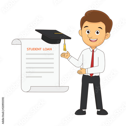 Young man holding sign of student loan