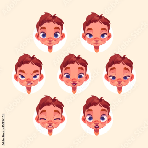 Little boy face with different emotions isolated on background. Vector cartoon set of cute child portraits with laugh, sad, angry, shy, surprise and cry and angry facial expression