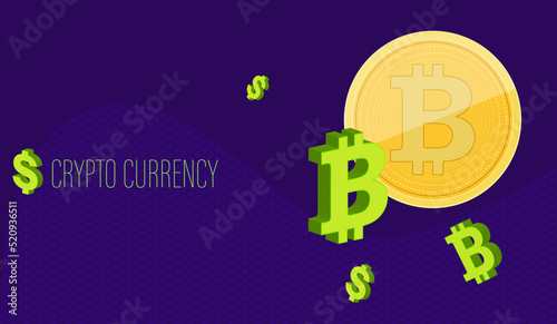 the inscription crypto curency with a bitcoin coin on an abstract background of polyhedrons with 3d dollar and bitcoin symbols