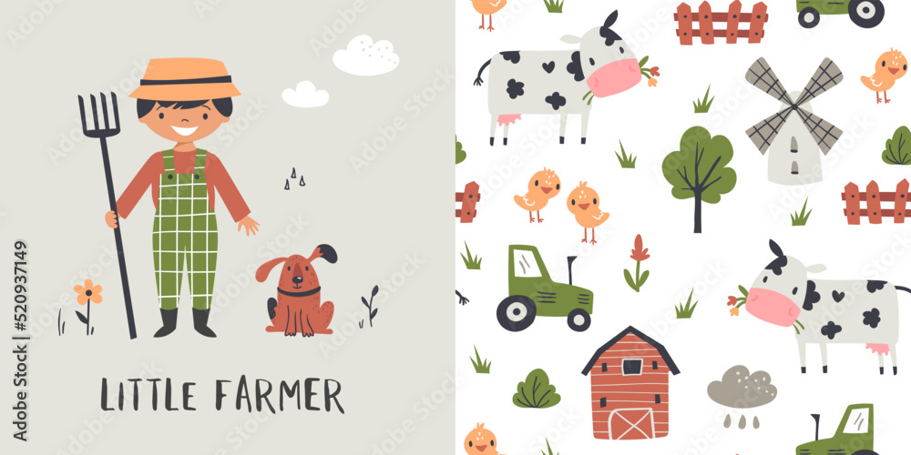 Fototapeta premium Little farmer pattern with cow, seamless background, and kids print. Vector card for childish bedding, fabric, wallpaper, wrapping paper, textile, t-shirt