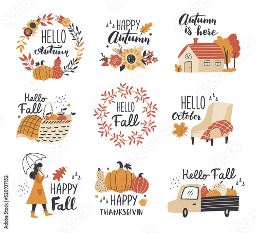 Autumn collection with calligraphy design elements. Fall leaves, pumpkins, wreaths, and other. Perfect for web, card, poster, cover, tag, invitation, sticker kit. Vector illustration