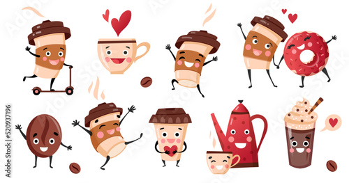 Cute coffee characters, kawaii banner. Set of happy cups, mugs and bean with hot beverage. Take away card, poster template design.