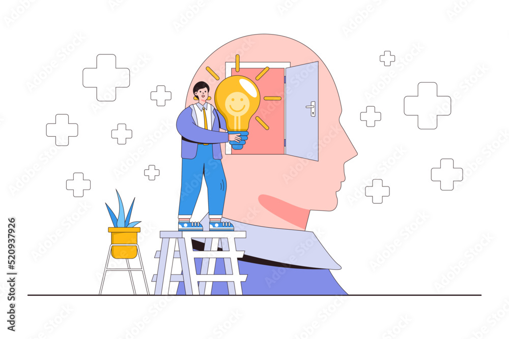 Positive thinking mindset, optimistic or good attitude bring success to work, always have solution in mind for any issues concepts. Businessman insert bright lightbulb with smile symbol into his head