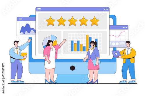Online reputation management, analyze feedback, strategy to increase satisfaction and gain customer trust concepts. Marketing team monitoring stars rating to develop and improve brand positive rank