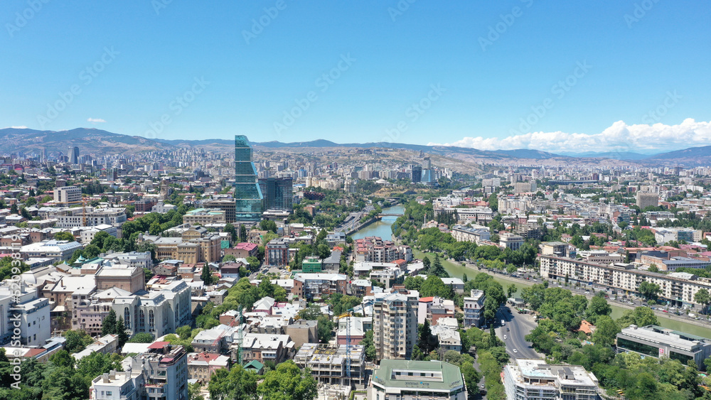Panoramic view of Tbilisi, the beautiful capital of Georgia in Auagust 2022. 