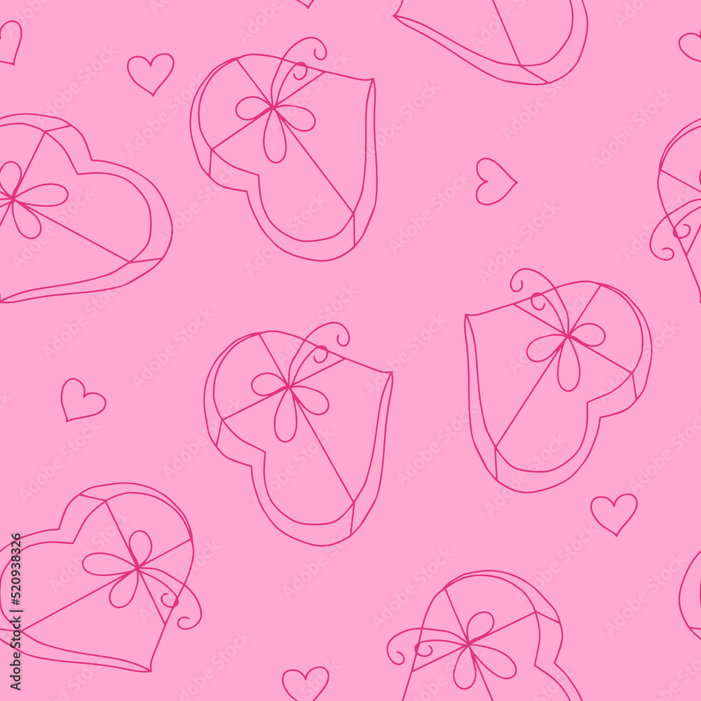 heart shaped gift box with ribbon and bow seamless pattern. hand drawn in doodle style.