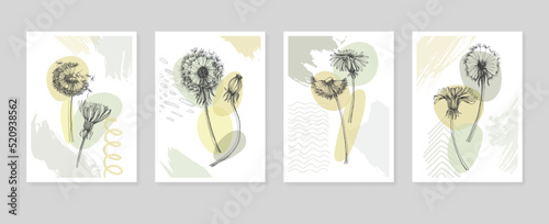 Dandelion Abstract Hand Painted Illustrations for Wall Decoration, Postcard, Social Media Banner, Brochure Cover Design Background. Modern Abstract Painting Artwork. Vector Pattern