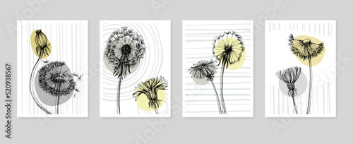 Dandelion Abstract Hand Painted Illustrations for Wall Decoration, Postcard, Social Media Banner, Brochure Cover Design Background. Modern Abstract Painting Artwork. Vector Pattern