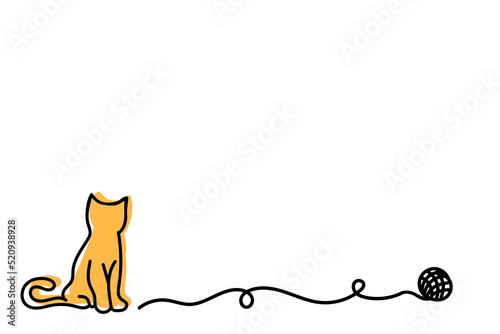 Cat with tuft of wool. Drawing cat line pattern. Kitty silhouette. Flat vector cartoon sketch sign. Cat day. Lovers, love heart kitten.