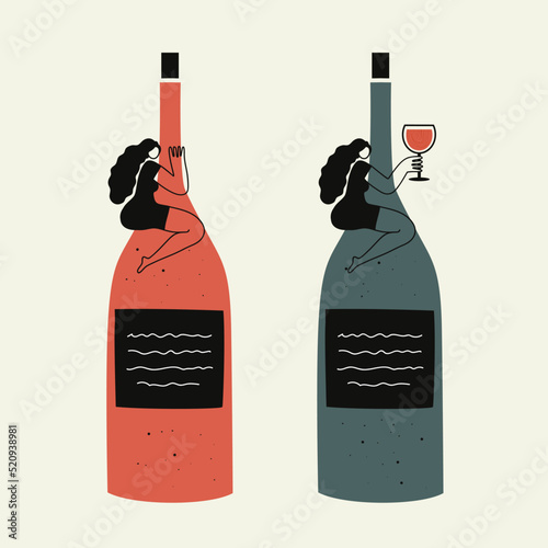 Vector set with women sitting on wine bottles with wineglass. Colored print design, bar menu and wall decoration poster template.