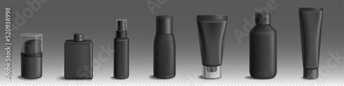 Realistic set of black cosmetic bottles on transparent background. Container with dispenser pump and tubes for cream, gel, lotion, shampoo. Branding 3d mockups for luxury male body care collection