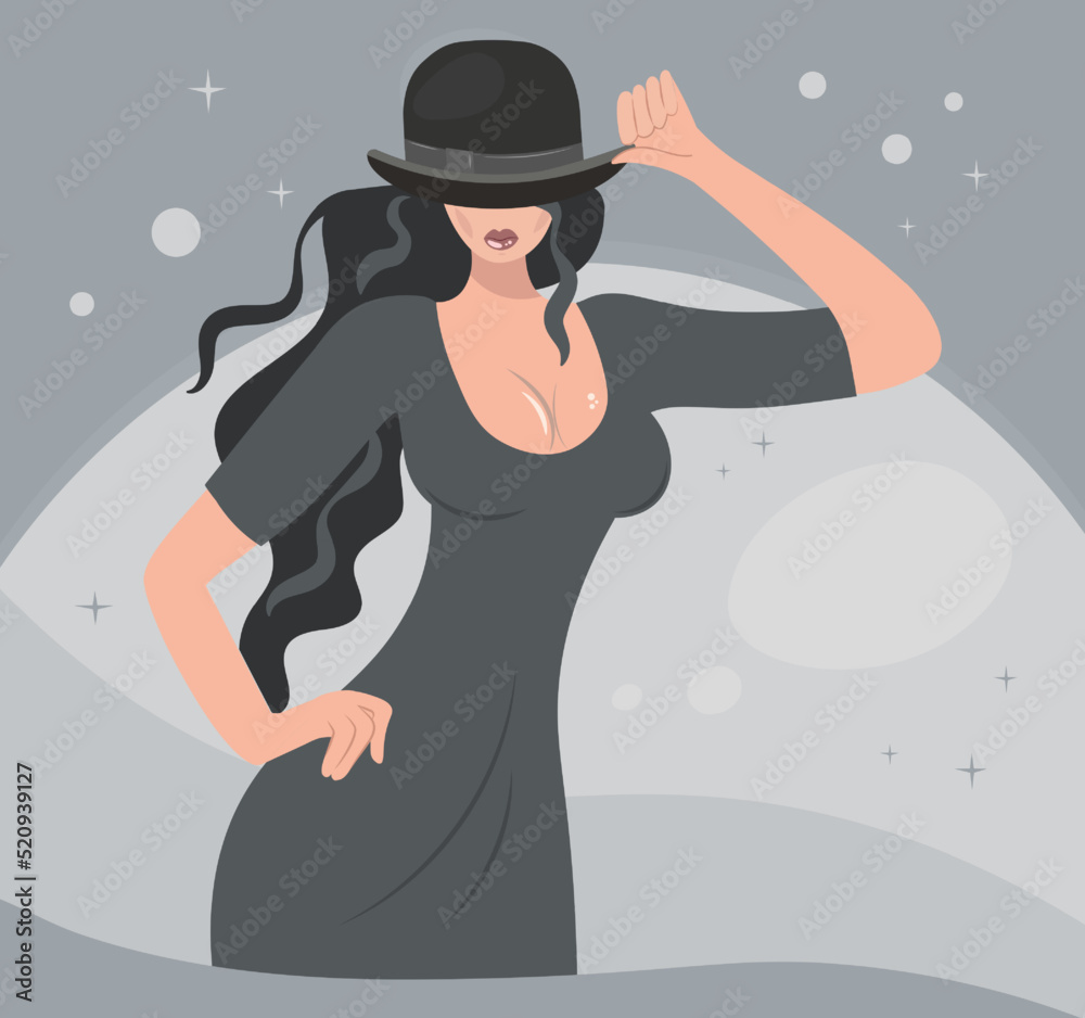 An elegant lady in a bowler hat. A young sexy woman in full growth hides under the brim of a hat. Mysterious stranger. Vector isolated illustration in retro style. The girl from the detective agency. An elegant lady in a bowler hat. A young sexy woman in full growth hides under the brim of a hat. Mysterious stranger. Vector isolated illustration in retro style. The girl from the detective agency.