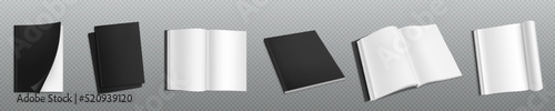 Mockup of blank book, booklet or magazine with soft black cover top view. Vector realistic template of 3d open and closed catalog, brochure or journal with empty white pages