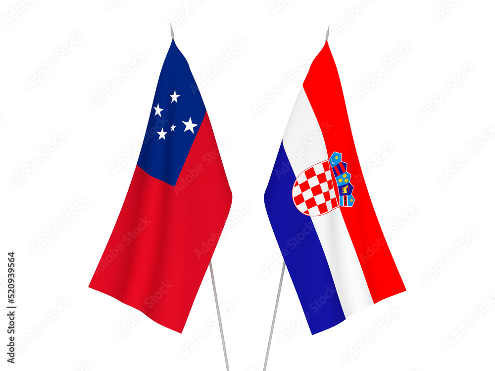 National fabric flags of Croatia and Independent State of Samoa isolated on white background. 3d rendering illustration.