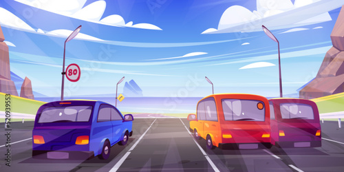 Cars driving at highway rear view, automobiles riding along asphalted road with seascape landscape with mountains and ocean under blue sky with fluffy clouds at sunny day, Cartoon vector illustration