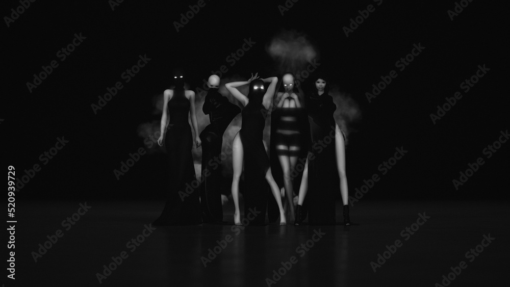 Gothic Women Line Up Gothcore Goth Core Girlfriend Spooky Sexy Occult Aesthetic Black and White 3d illustration render