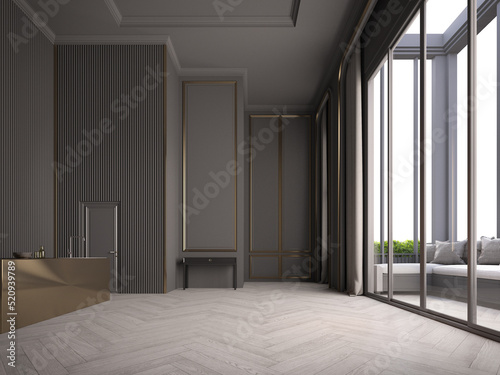 Empty modern classic interior room with gray wall and wooden floor.3d rendering