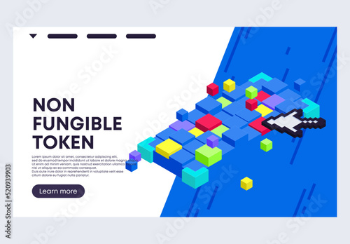 Vector illustration of a template for a web banner the concept of a non fungible token in an isometry of pixel squares