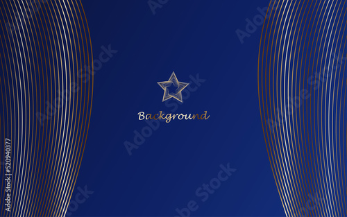 Blue gradient background with golden lines, star award. Vector glowing effect. An invitation to an anniversary party, a poster, an advertisement, a banner, a bright decoration.