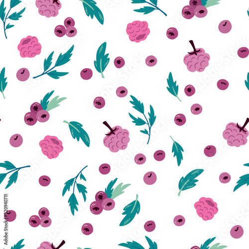 Berry Seamless Pattern. Raspberries, blueberries and leaves background. Harvest. Ripe farm fruits. Perfect for textile, printing, scrapbooking, wallpaper. Vector flat illustration