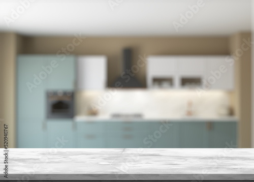 Marble stone table top on blur kitchen interior background - can be used for display or montage you products © DoruqpashA
