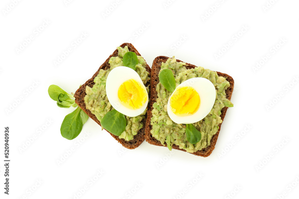 Concept of tasty breakfast, sandwiches with egg, isolated on white background Concept of tasty breakfast, sandwiches with egg, isolated on white background