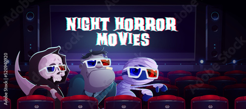 Night horror movies cartoon banner with funny monsters sitting in cinema hall. Cute grim reaper with scythe, zombie and mummy halloween personages wear 3d glasses watching film, Vector illustration