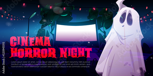 Cinema horror night cartoon banner. Funny ghost at outdoor movie theater with large screen and garlands around. Invitation at film festival with Halloween fantasy spook character, Vector illustration