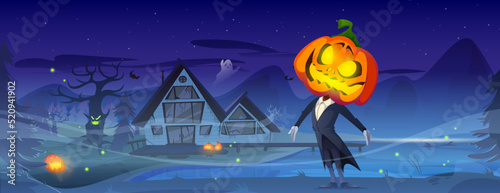 Creepy jack-o-lantern cartoon character standing near haunted house. Halloween night vector illustration. Man in jacket with carved pumpkin on shoulders, scary ghosts flying around spooky place