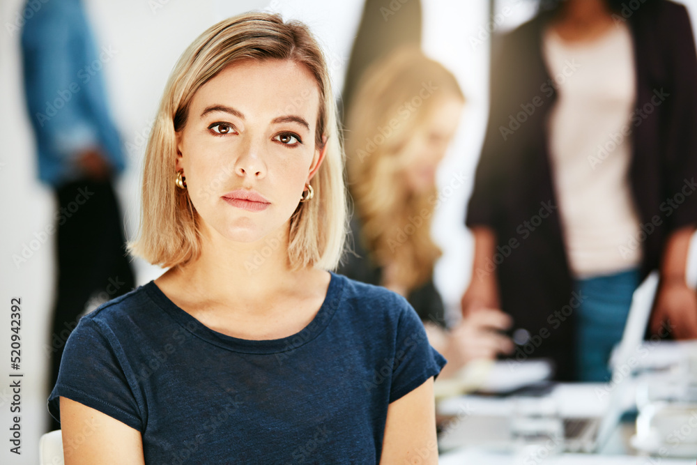 Portrait of proud, confident and serious female designer, manager or assistant inside a blurred office boardroom with team. Face of a focused, ambitious woman with attitude in a business meeting Portrait of proud, confident and serious female designer, manager or assistant inside a blurred office boardroom with team. Face of a focused, ambitious woman with attitude in a business meeting