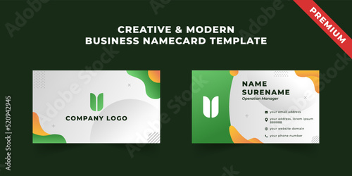 Professional and modern business name card editable template. Abstract liquid gradient green and orange