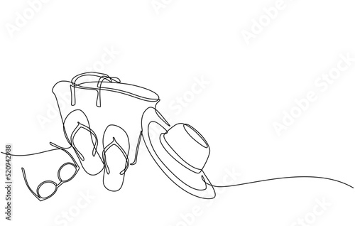 Continuous line drawing of summer vacation concept, sandy beach, beach umbrella, beach bag, straw hat, sunglasses and flip flops on tropical beach in single line doodle style. Editable strokes.