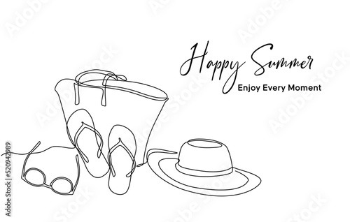 Continuous line drawing of summer vacation concept, sandy beach, beach umbrella, beach bag, straw hat, sunglasses and flip flops on tropical beach in single line doodle style. Editable strokes.