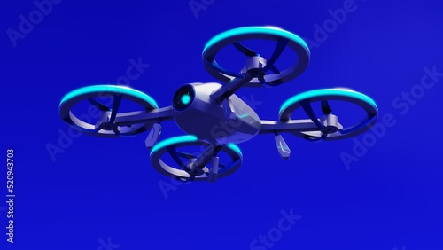 Powerful metallic silver drone loaded with some of blue light, most advanced imaging and flight technologies under blue-black background. Concept image of video production. 3D CG.