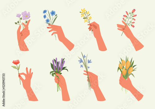 hands with flowers. various beautiful bouquets botanical plants decoration gifts elegant woman hands holding flowers. Vector templates set