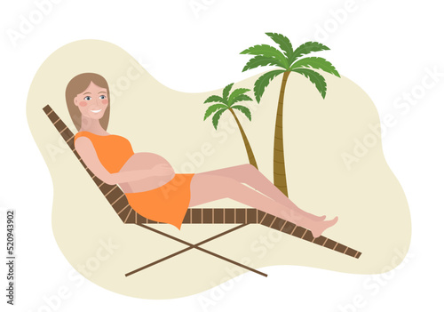 Summer pregnant woman on the beach, who lies on a sun lounger in an orange swimsuit in vector.