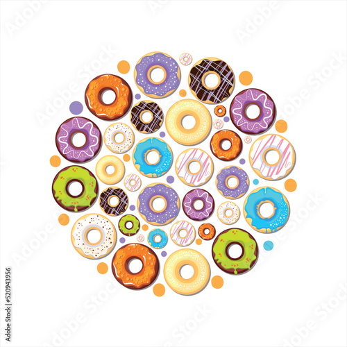donuts. delicious tasty glazy donuts from sweets pastries. Vector cakes in circle forms
