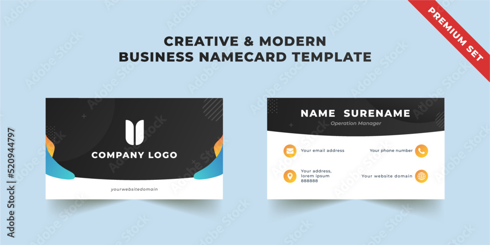 Modern and trendy business name card with blue and orange color combination in black background. Modern and trendy business name card with blue and orange color combination in black background.