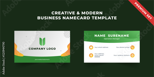 Professional and modern business name card editable template. Abstract liquid gradient green and orange
