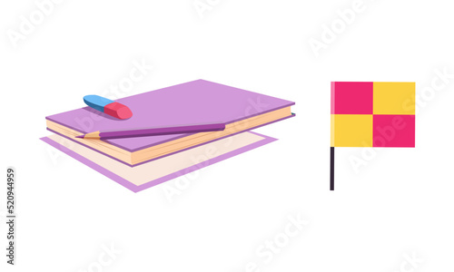 Flag and Notepad with Pencil and Eraser as Colorful Kids Toy Vector Set photo