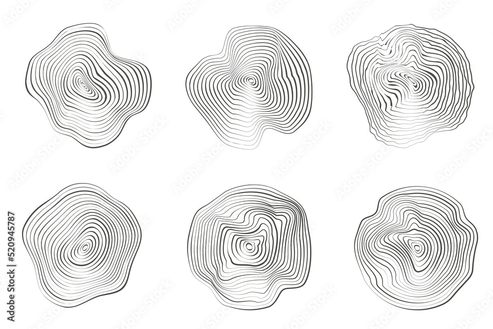 Wooden tree rings. Abstract topography circles. Organic texture shapes. Vector outline illustrations set.