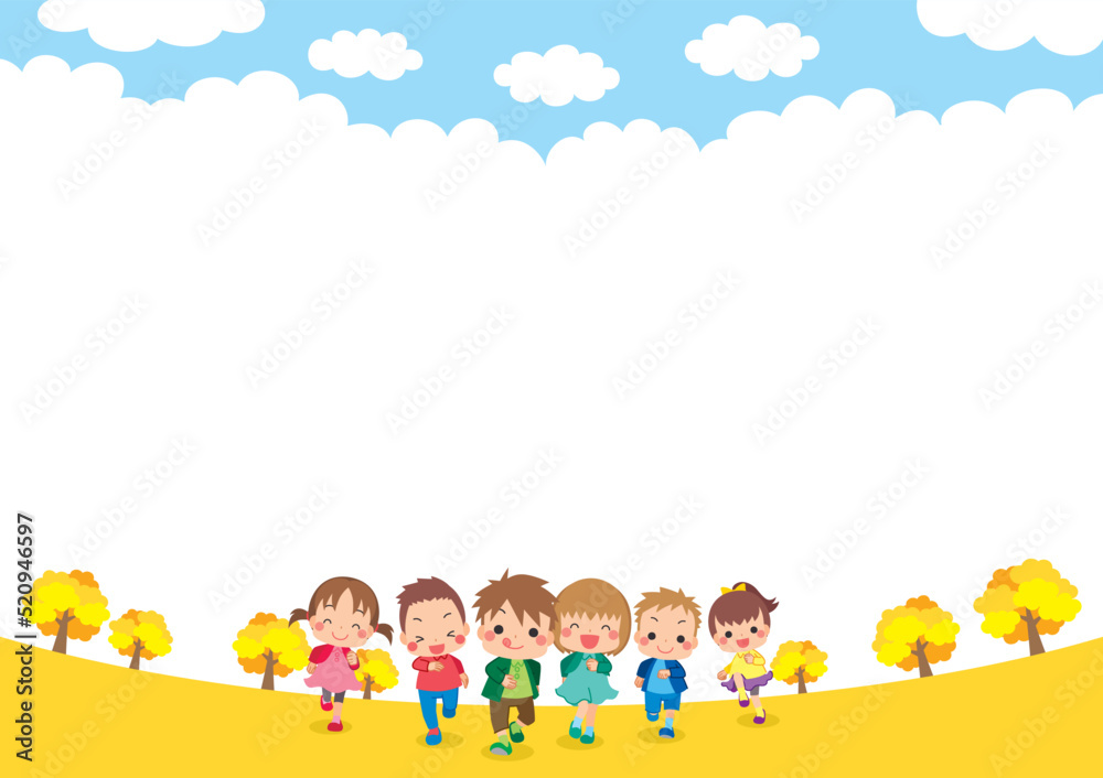 Fototapeta 銀杏並木を元気いっぱいに走る可愛い小さな子供たちのイラスト テンプレート コピースペース 背景 Naklejamy Com